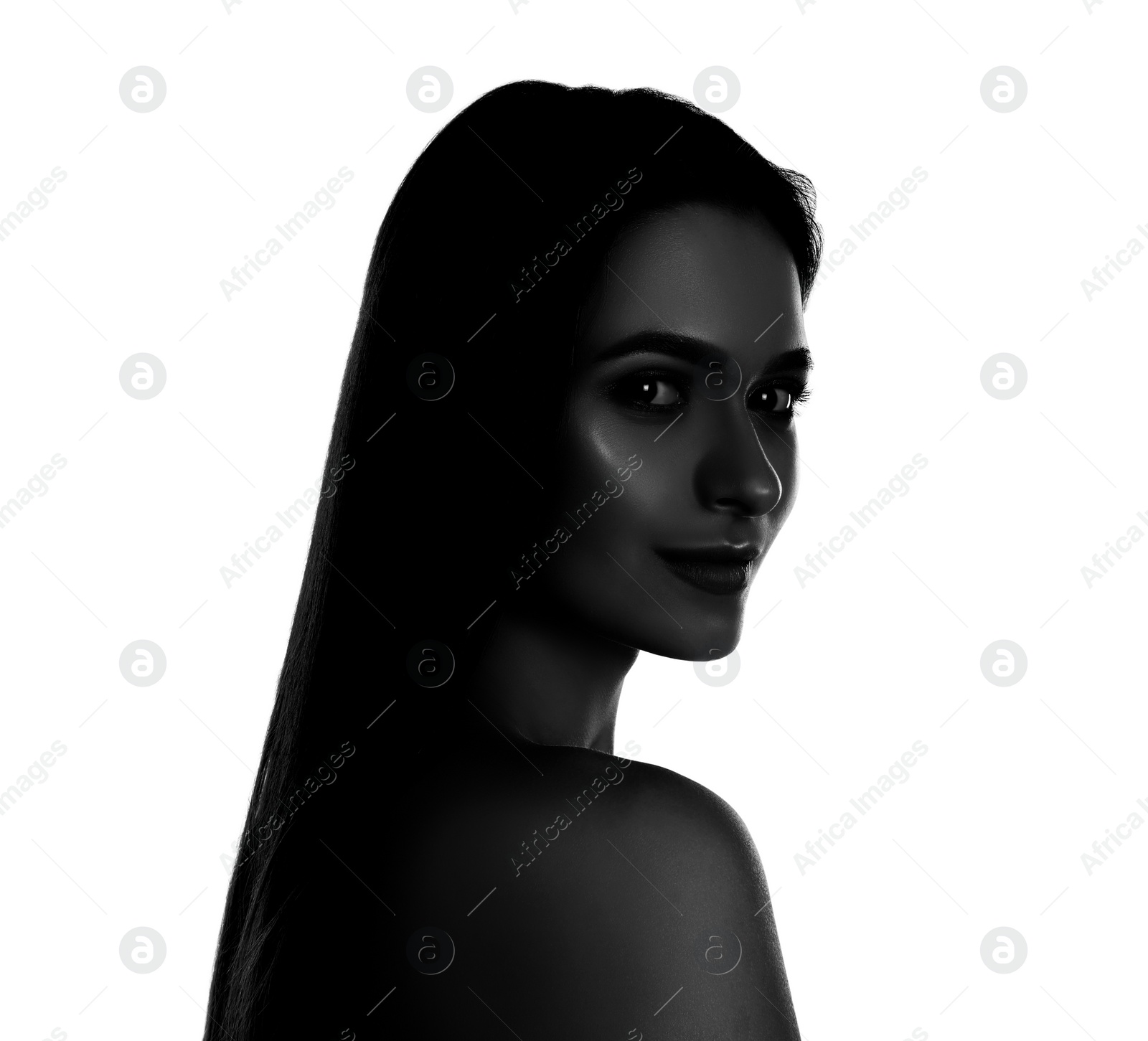 Image of High contrast black and white portrait of beautiful young woman