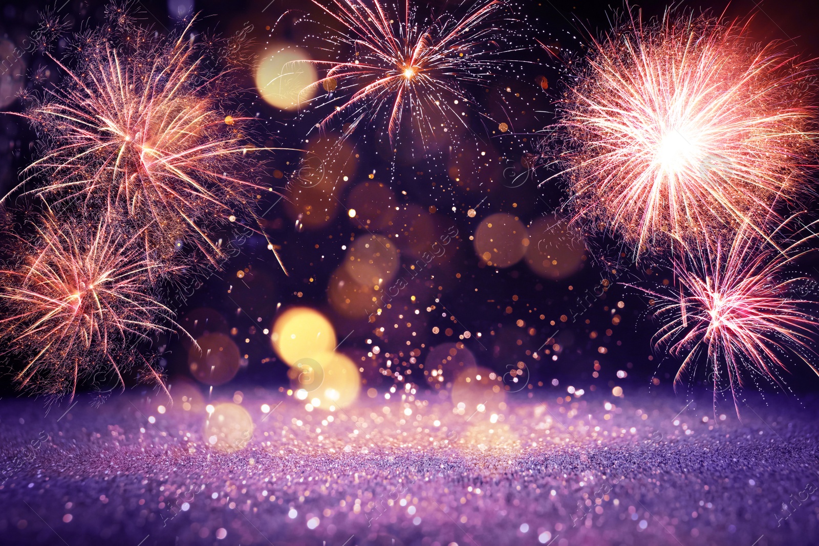 Image of 4th of July - Independence Day of USA. Festive background with fireworks and glitters, bokeh effect