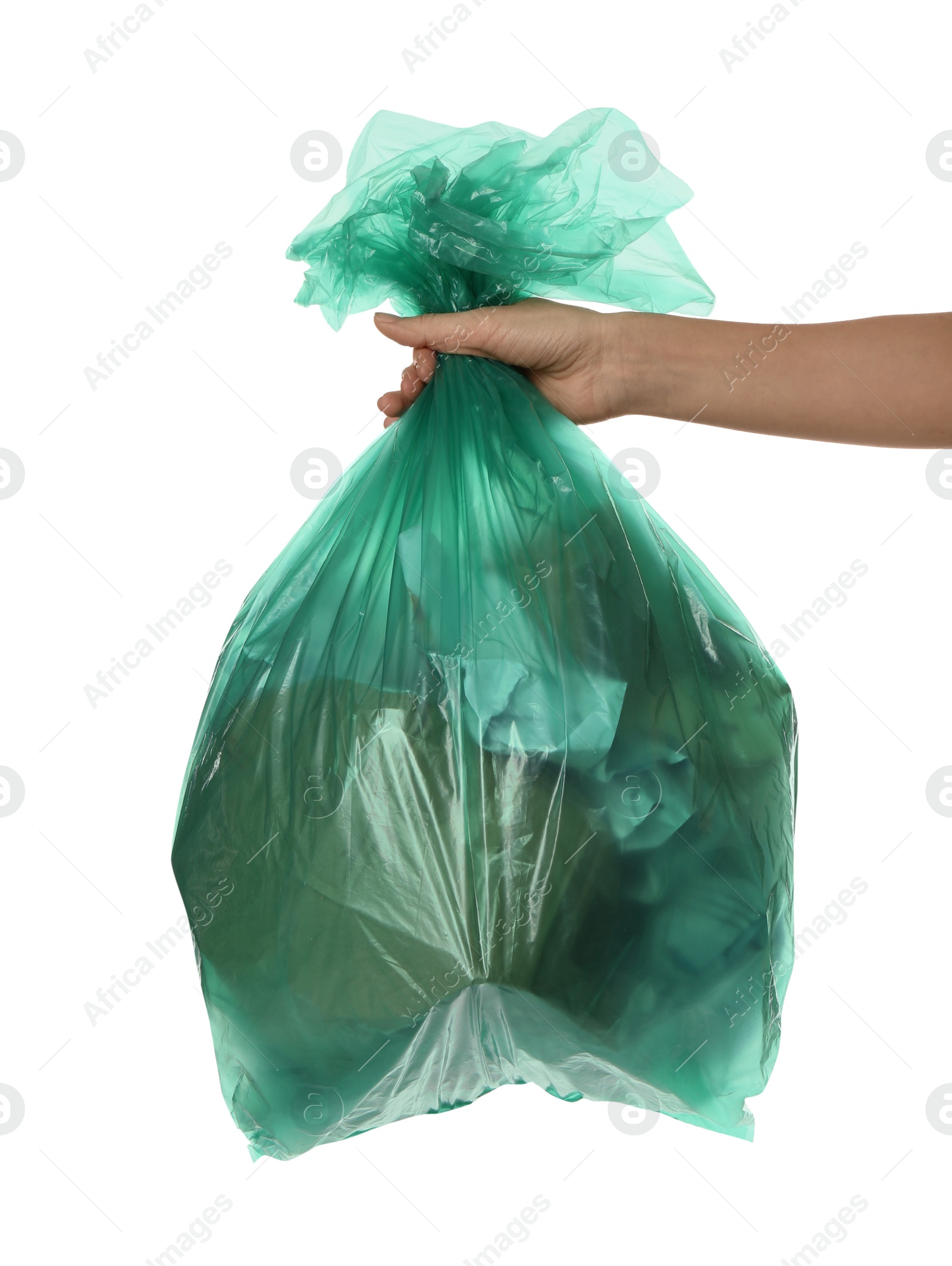 Photo of Woman holding trash bag filled with garbage on white background, closeup