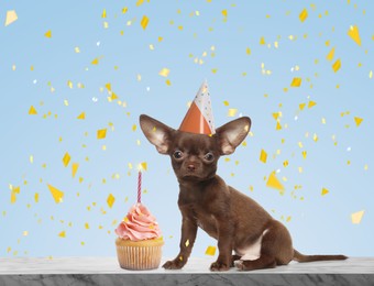 Cute dog with party hat and delicious birthday cupcake on marble table against light blue background