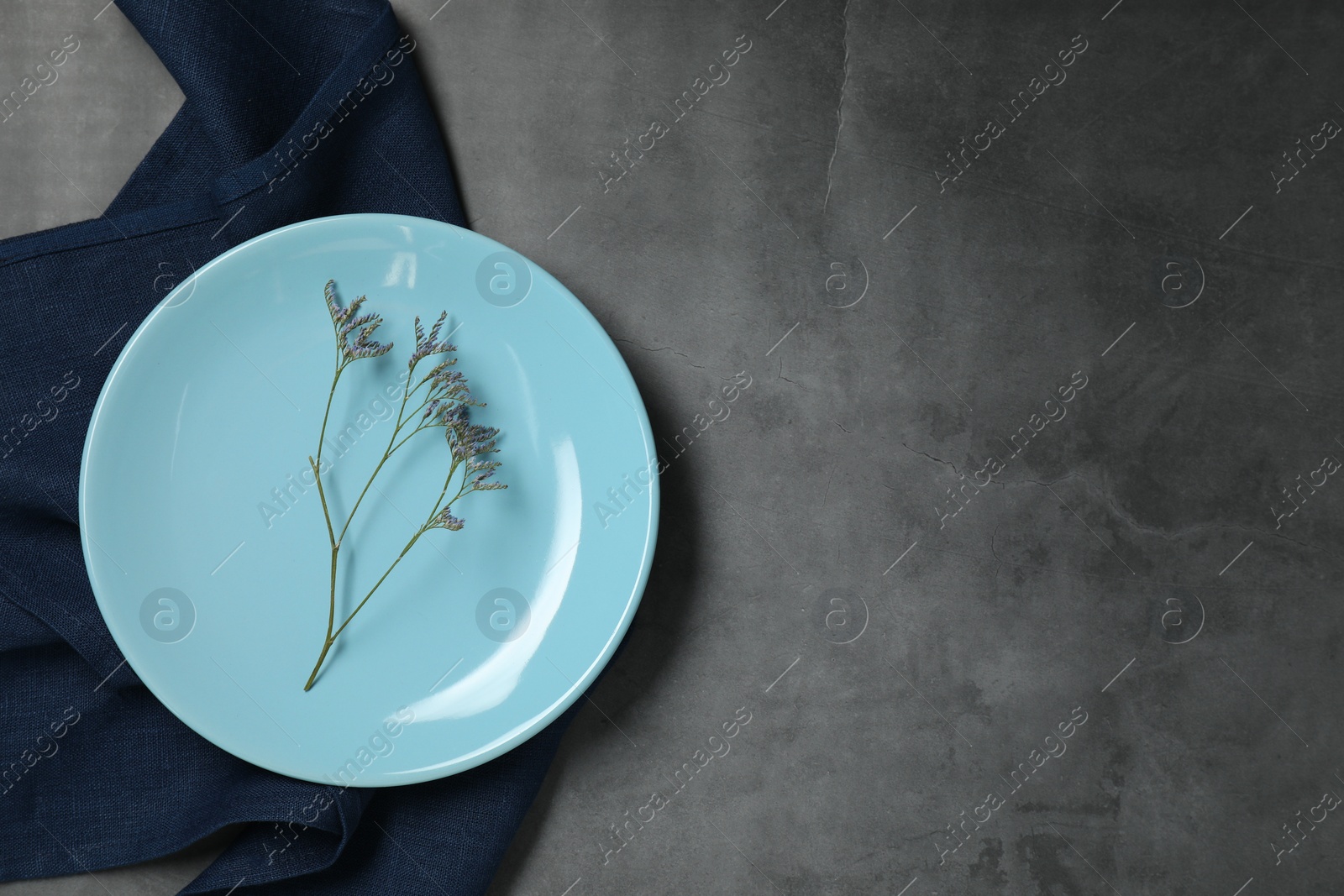 Photo of Elegant plate with twig and napkin on dark grey table, top view. Space for text