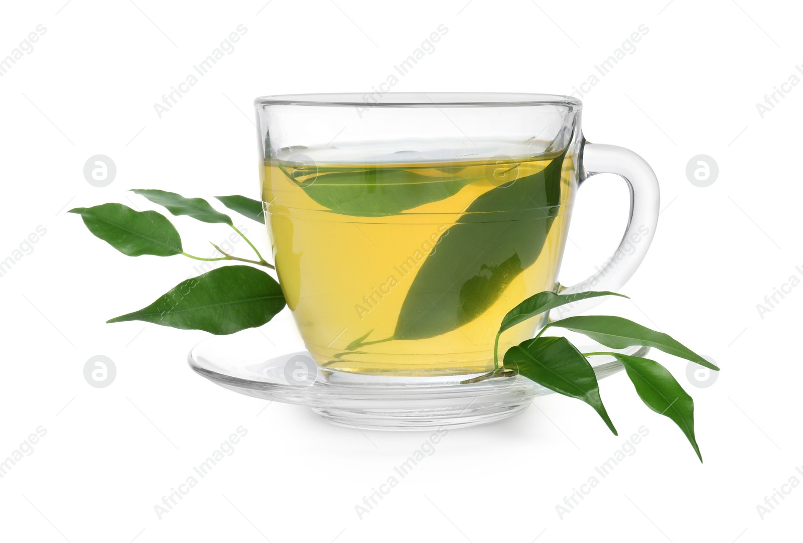 Photo of Fresh green tea in glass cup, leaves and saucer isolated on white