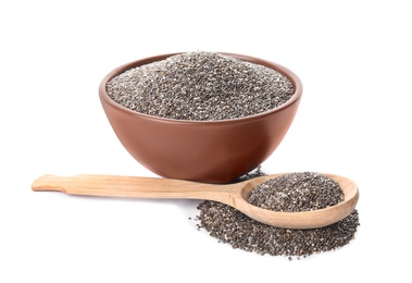 Photo of Bowl and spoon with chia seeds isolated on white