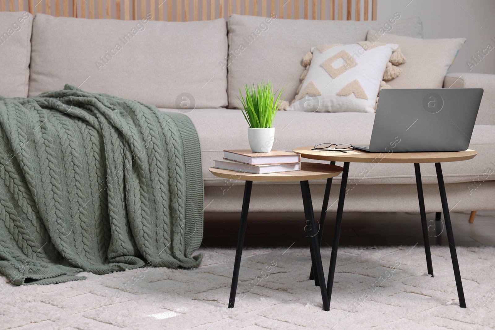 Photo of Potted artificial plant, laptop and books on wooden nesting tables indoors