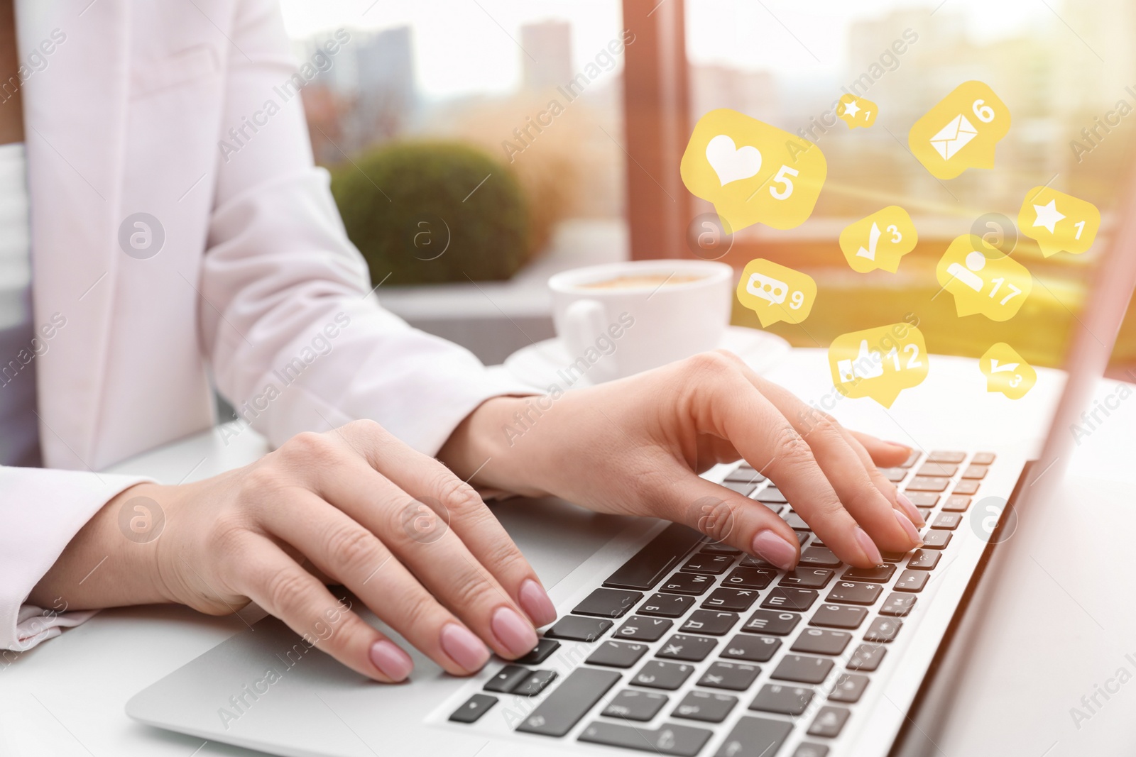 Image of Businesswoman working with laptop in cafe, closeup. Social media marketing