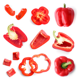 Image of Set of ripe red bell peppers on white background, top view