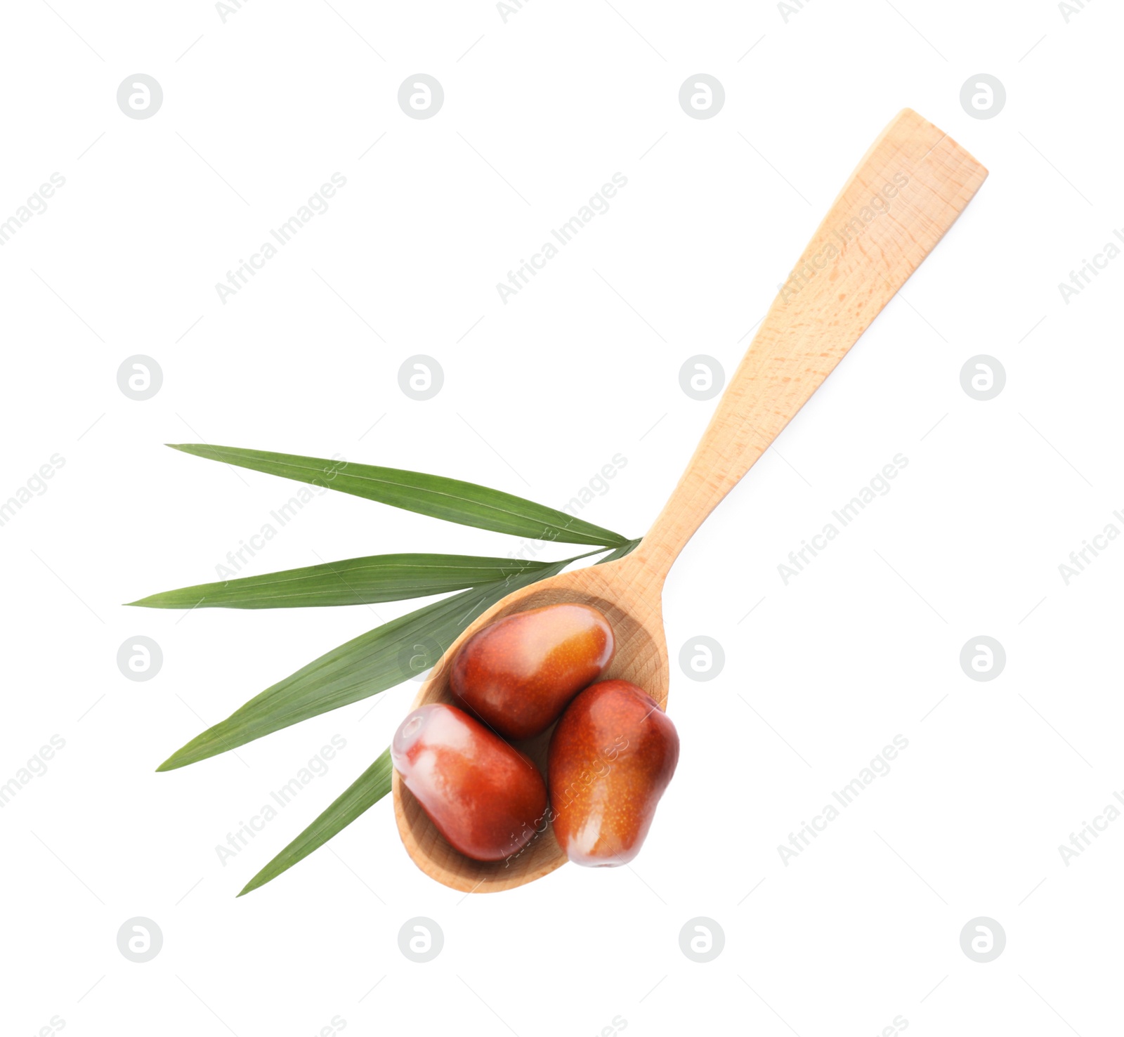 Photo of Fresh ripe oil palm fruits with leaf isolated on white, top view