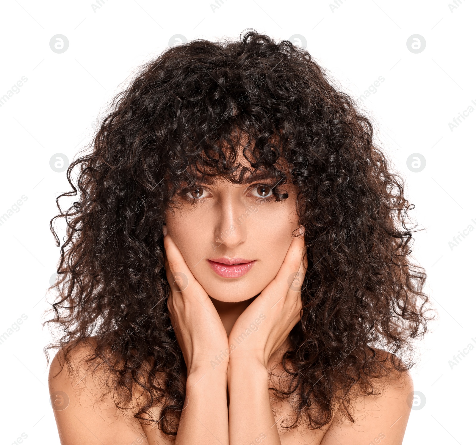 Photo of Beautiful young woman with long curly hair on white background