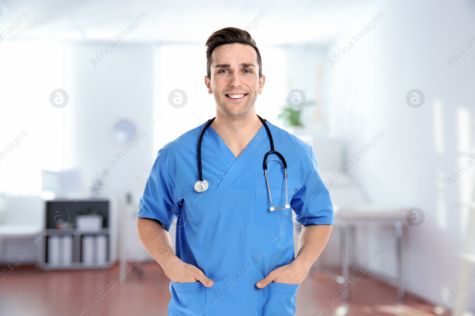 Image of Nurse with stethoscope in uniform at hospital