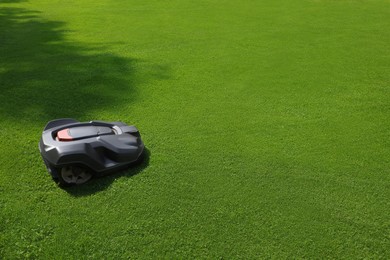 Modern robot lawn mower on green grass in garden