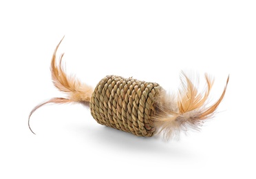 Photo of Straw toy with feathers for cat on white background. Pet accessory