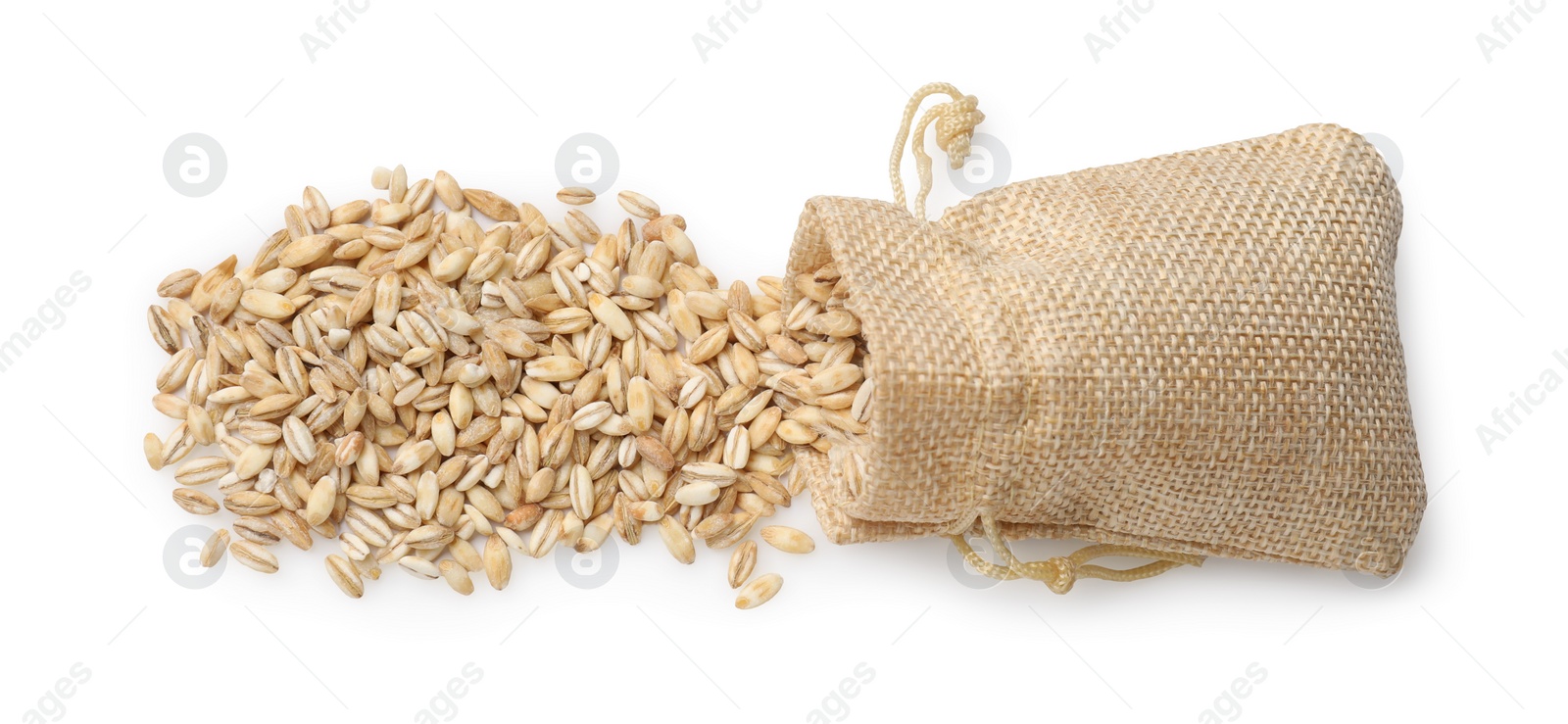 Photo of Burlap bag with raw pearl barley isolated on white, top view