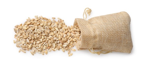 Photo of Burlap bag with raw pearl barley isolated on white, top view