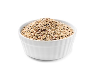 Photo of Raw quinoa seeds in bowl isolated on white