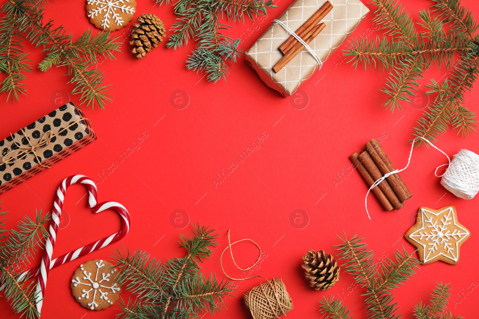 Photo of Flat lay Christmas composition with festive decor on color background