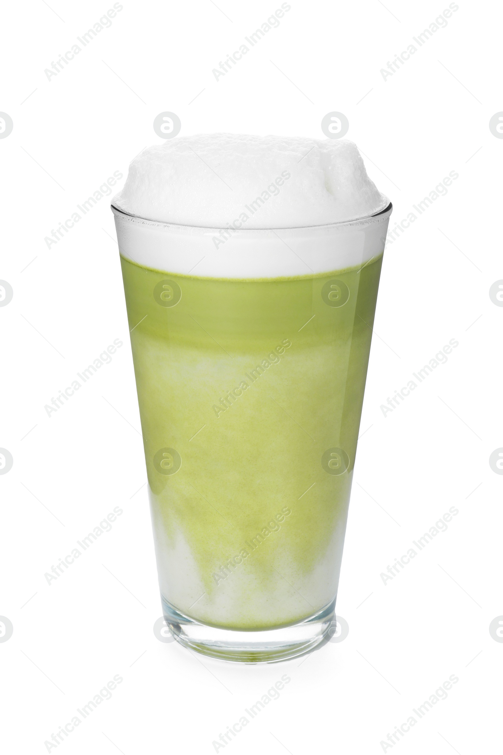 Photo of Glass of tasty matcha latte isolated on white