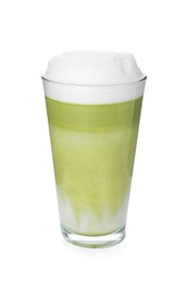Photo of Glass of tasty matcha latte isolated on white