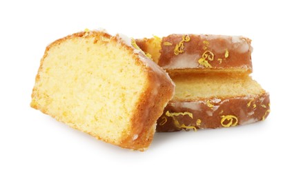 Photo of Pieces of tasty lemon cake with glaze isolated on white