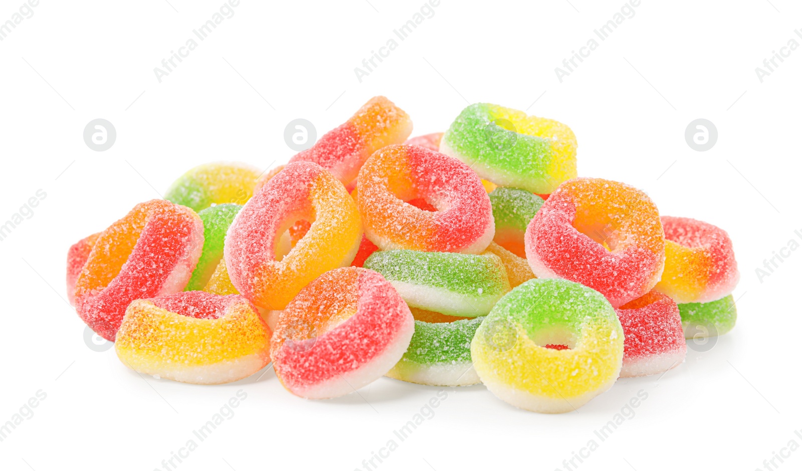 Photo of Pile of tasty colorful jelly candies on white background