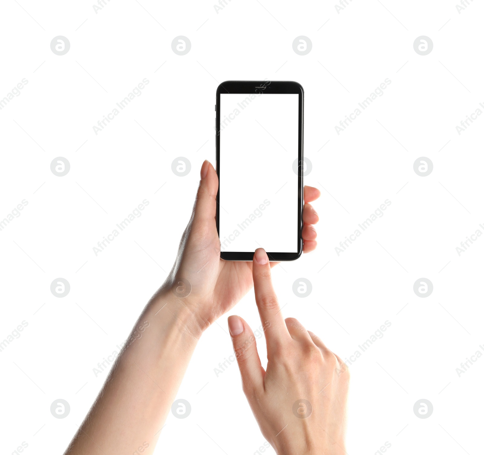 Photo of Woman holding smartphone with blank screen on white background, closeup of hands. Space for text