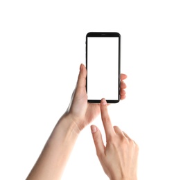 Photo of Woman holding smartphone with blank screen on white background, closeup of hands. Space for text