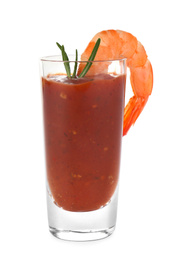 Photo of Delicious shrimp cocktail with tomato sauce isolated on white