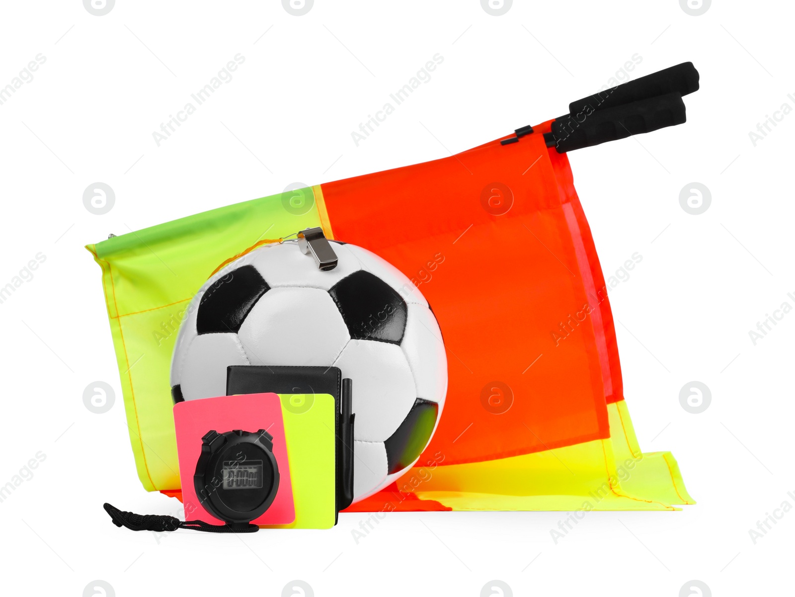 Photo of Football referee equipment. Soccer ball, flags, stopwatch, cards and whistle isolated on white