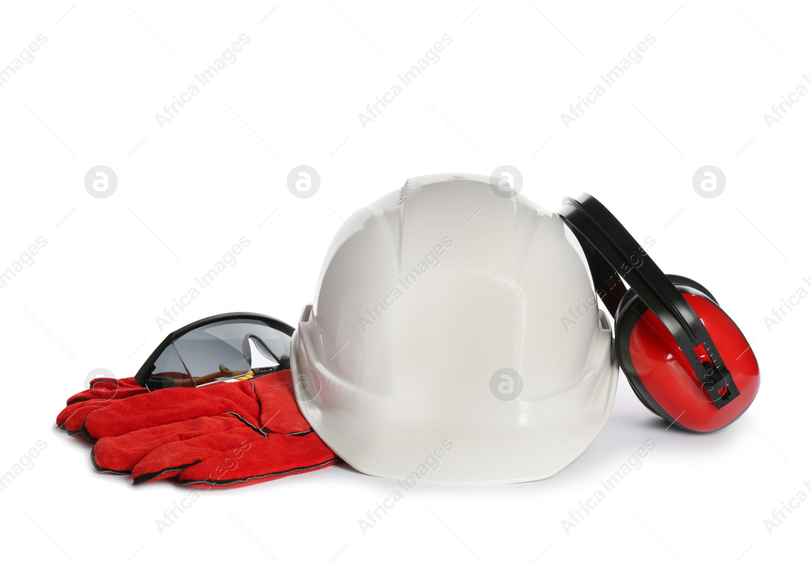 Photo of Protective workwear on white background. Safety equipment