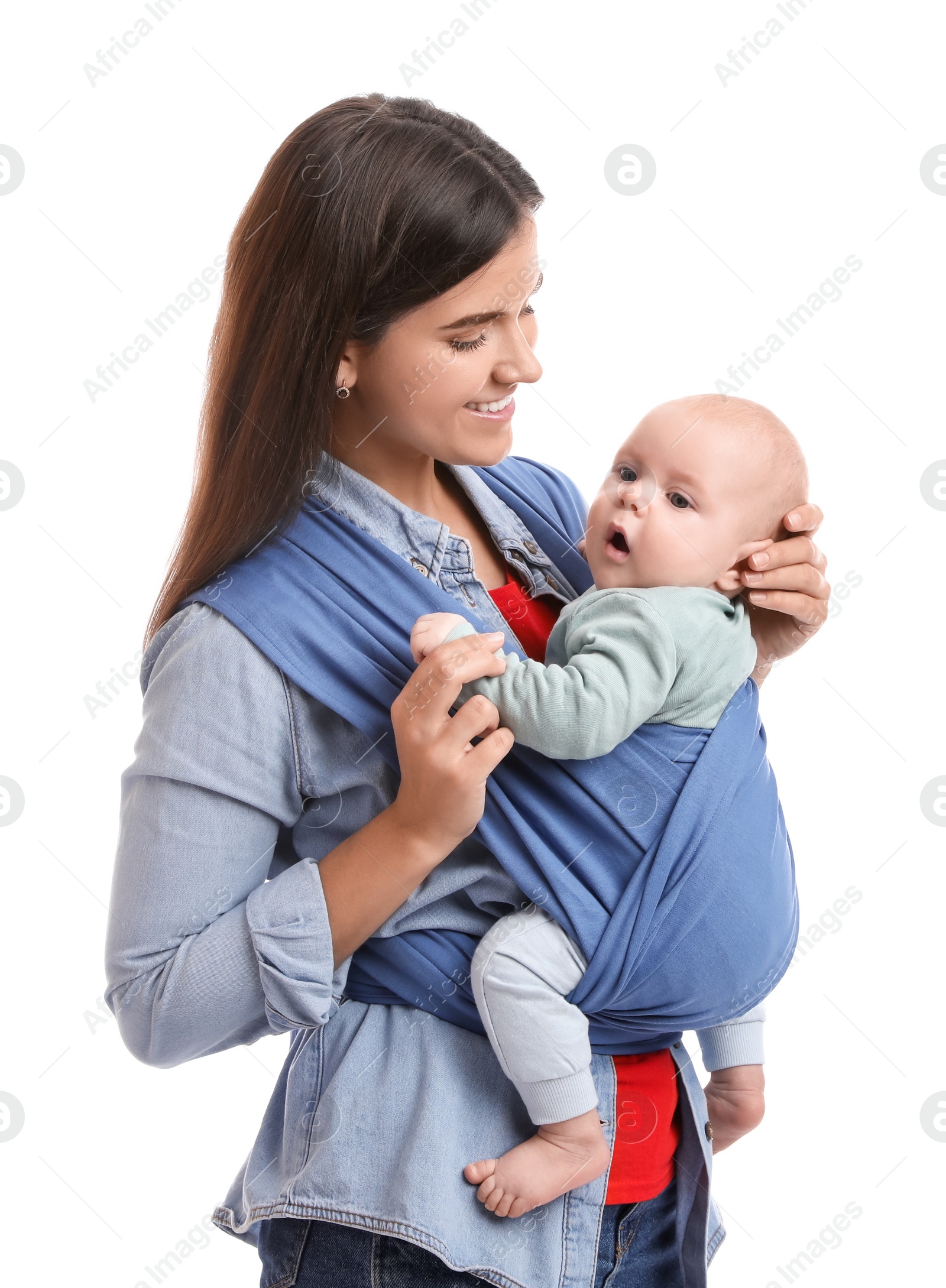 Photo of Mother holding her child in sling (baby carrier) on white background