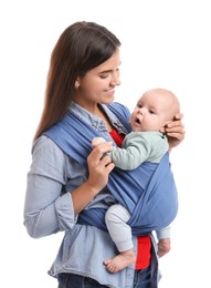 Photo of Mother holding her child in sling (baby carrier) on white background