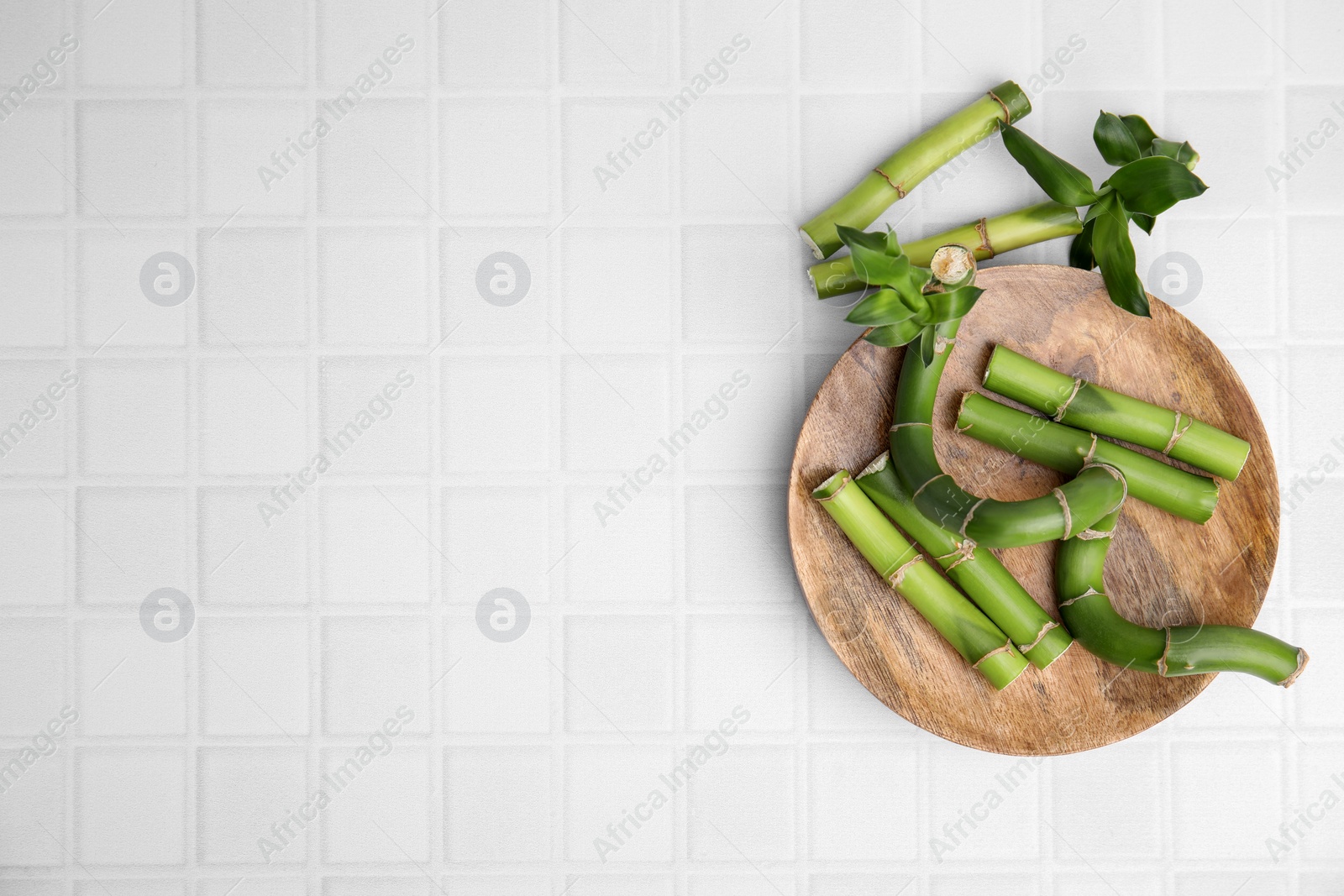 Photo of Pieces of beautiful green bamboo stems on white tiled table, flat lay. Space for text