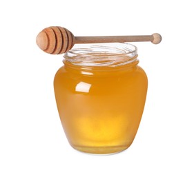 Photo of Tasty natural honey in glass jar and dipper isolated on white