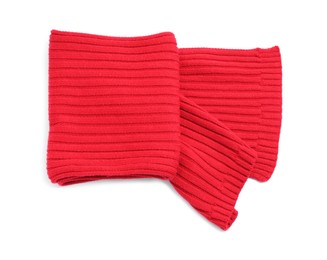 Photo of One red knitted scarf on white background, top view