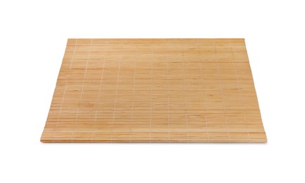 Photo of New clean bamboo mat isolated on white
