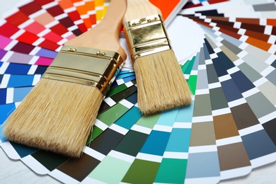 Photo of Brushes and paint color palette samples on table, closeup