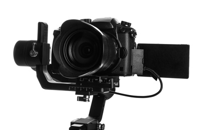 Photo of Modern professional video camera isolated on white, closeup