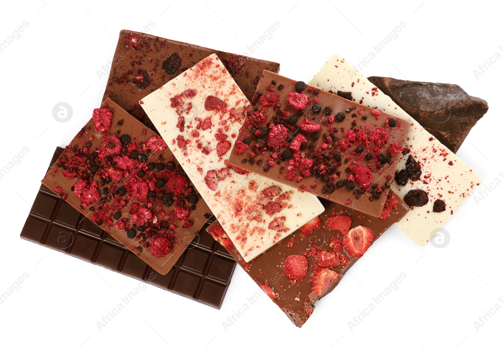 Photo of Chocolate bar with freeze dried berries isolated on white, top view