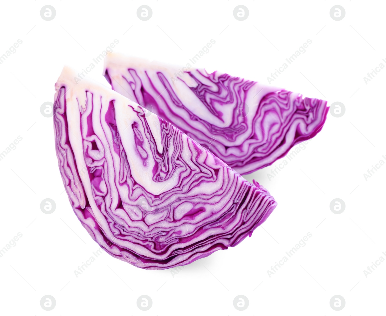 Photo of Pieces of tasty fresh red cabbages on white background