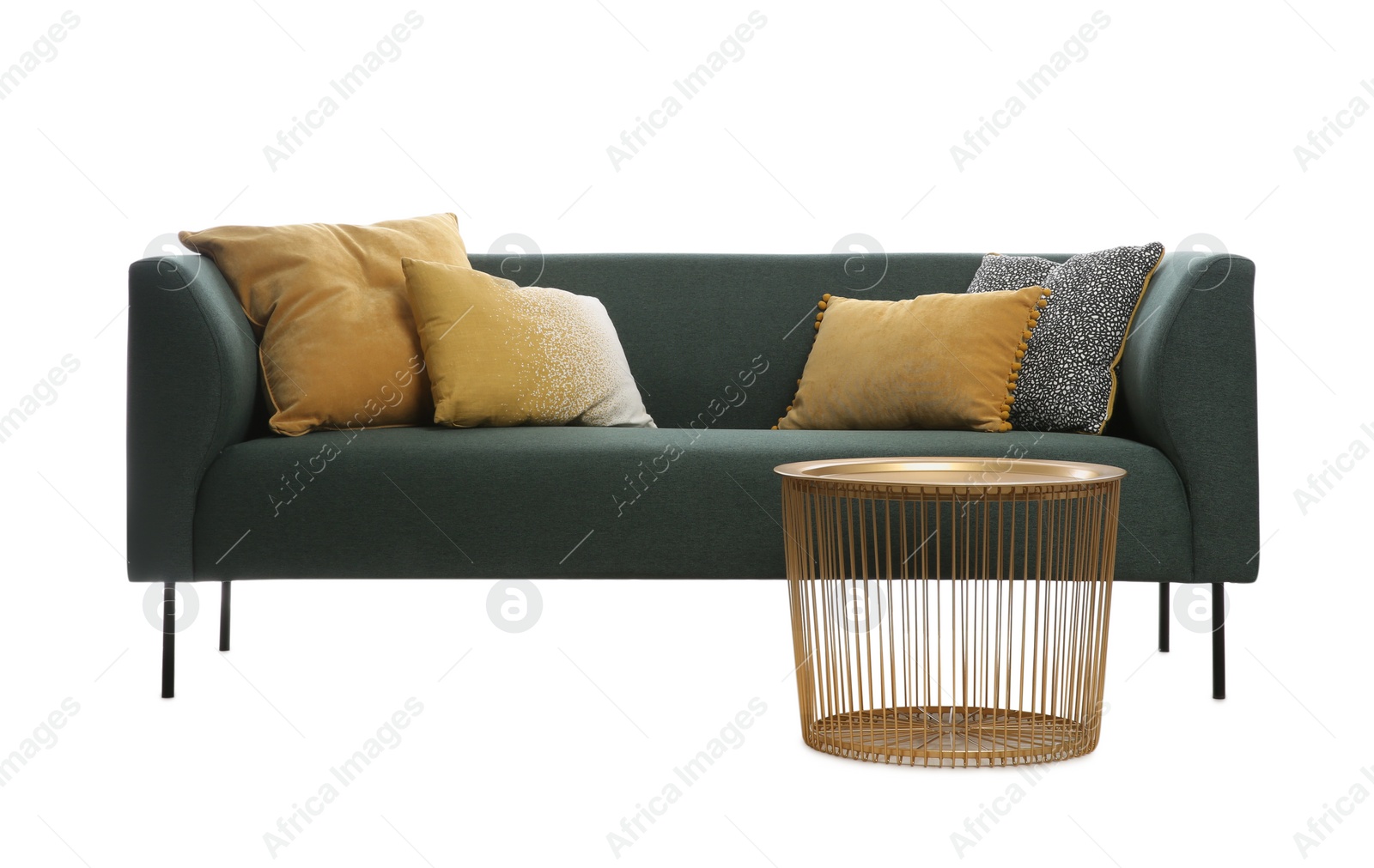 Photo of Comfortable green sofa with cushions and table on white background. Furniture for living room interior