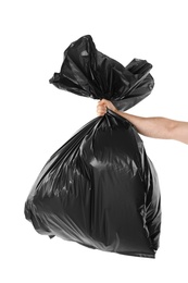 Photo of Man holding full garbage bag isolated on white, closeup