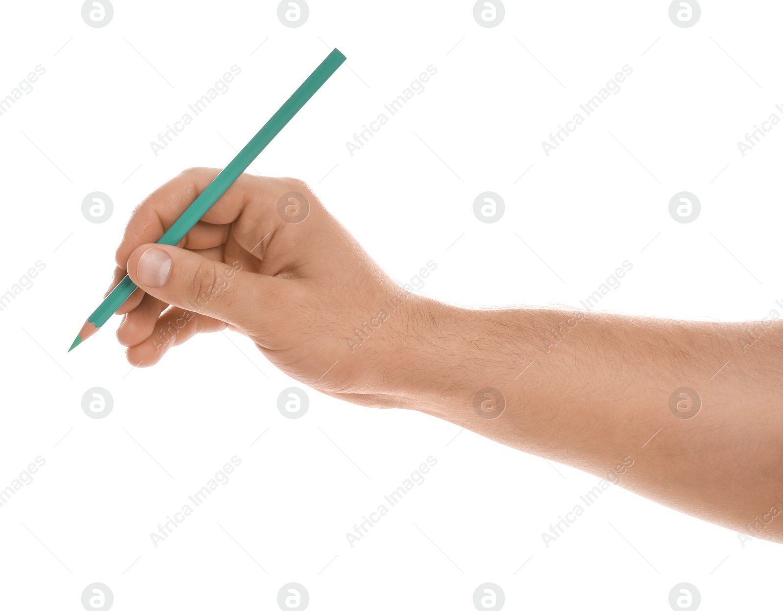 Photo of Man holding pencil on white background, closeup of hand