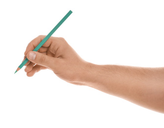 Photo of Man holding pencil on white background, closeup of hand