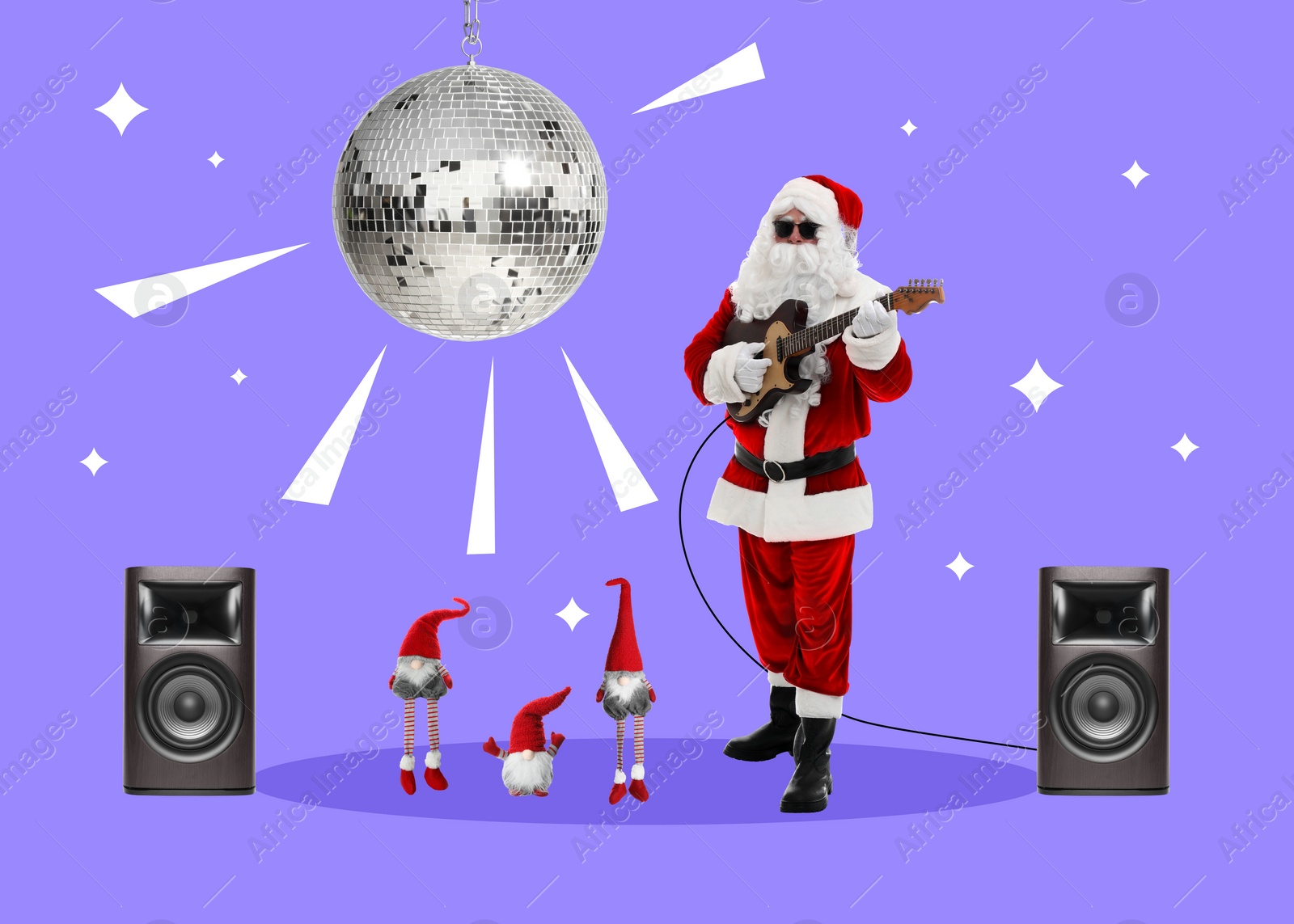 Image of Winter holidays bright artwork. Santa Claus playing guitar, elves dancing against violet background, creative collage