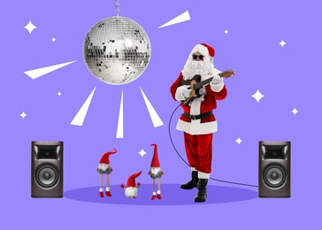 Winter holidays bright artwork. Santa Claus playing guitar, elves dancing against violet background, creative collage
