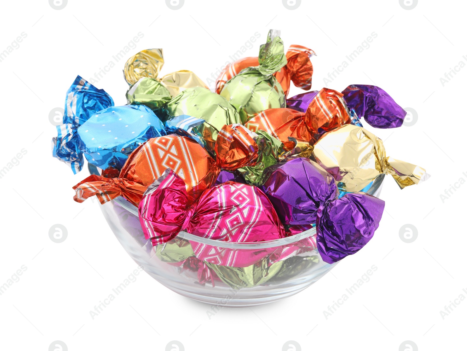 Photo of Bowl with sweet candies in colorful wrappers on white background