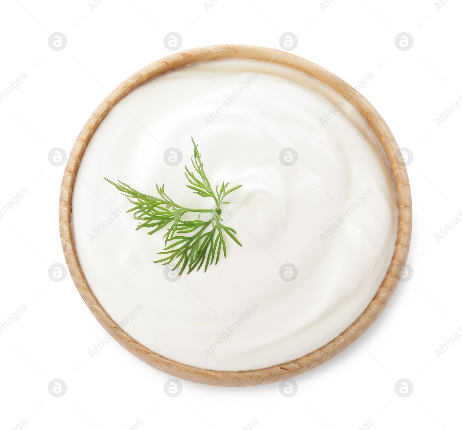 Photo of Delicious sour cream with dill in bowl on white background, top view