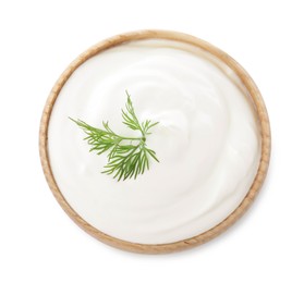 Delicious sour cream with dill in bowl on white background, top view