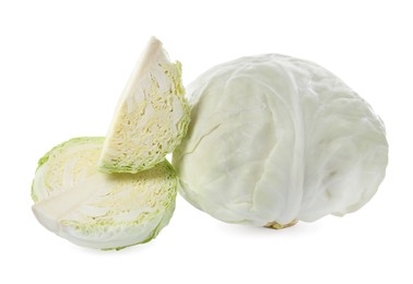 Photo of Different whole and cut types of cabbage on white background