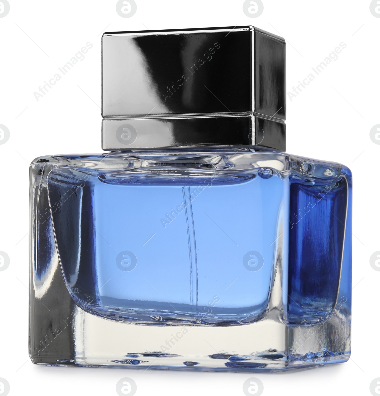 Photo of Blue men perfume in glass bottle isolated on white