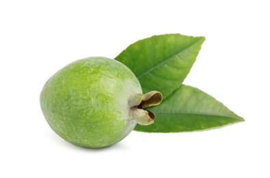 Photo of Fresh feijoa fruit with leaves on white background
